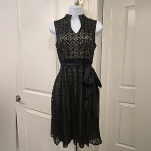 Marc New York Black Lace Sleeveless V-neck Midi Dress With Satin Belt Size 4